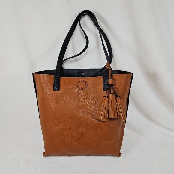 Reversible Handbag/Tote Bag with Tassel-Black/Brown Vegan Leather, Unbranded - Picture 4 of 11